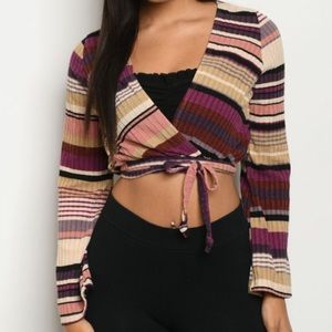 Wild Honey Crop Top Stripe Long Sleeve Wrap Tie Top Purple Cream S